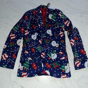 Suitmeister holiday suit blazer blue snowman sled tree xmas m 8-10 winter